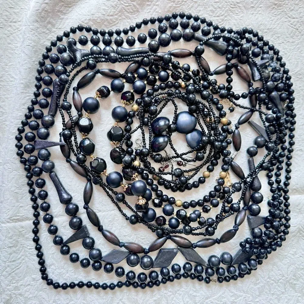 10 Black Beaded Necklace and Earring Lot Glass, Wood, Plastic Vintage 1950’s+